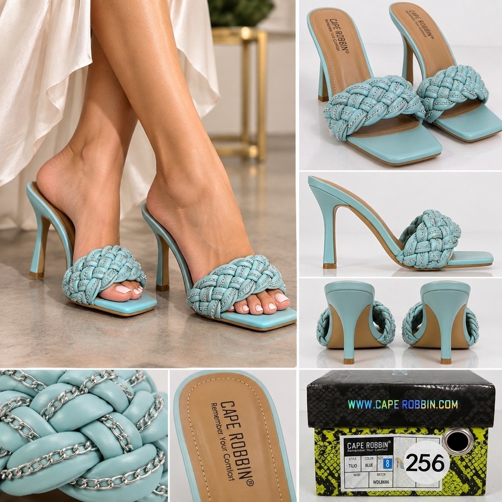 Cape Robbin Tilio Aqua Braided Chain Y2K Square Toe Stiletto Mules Size 8